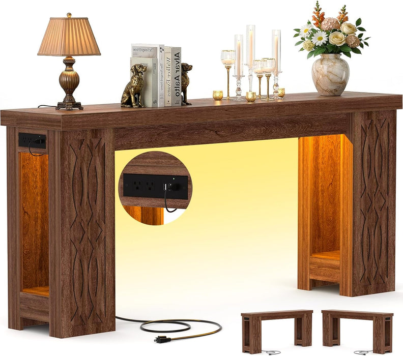 63" Console Table with Outlet, Farmhouse Entryway Table with Colorful LED Lights, Wooden Sofa Table with Unique Carved Design, Foyer Accent Table for Entrance, Hallway, Living Room