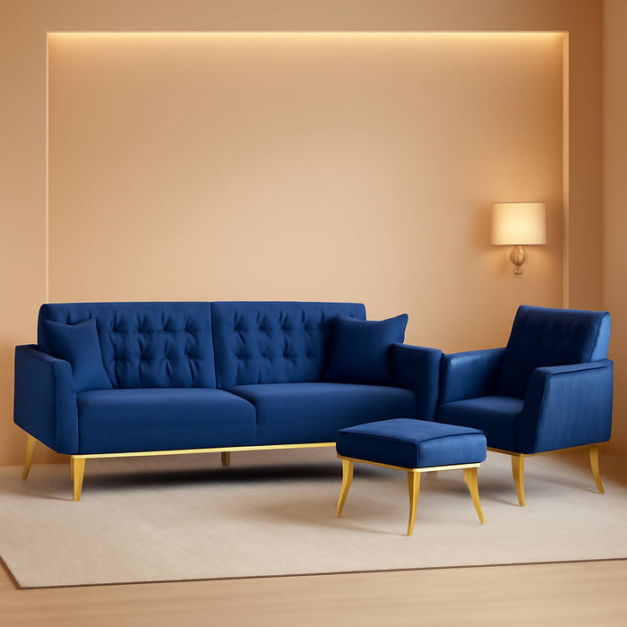 2 Pieces Velvet Futon Sofa Set with Adjustable Backrests and Armrests, 70” Convertible Sofa Bed & Tufted Accent Chair with Ottoman for Living Room, Blue