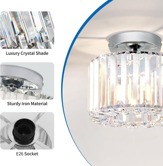 Crystal Semi Flush Mount Ceiling Light Fixture, Modern Small Silver Chandelier for Hallway Foyer Entryway Walk-In Closet Bedroom, Fit E26 Base Bulbs, 1-Light, 8.5Inch