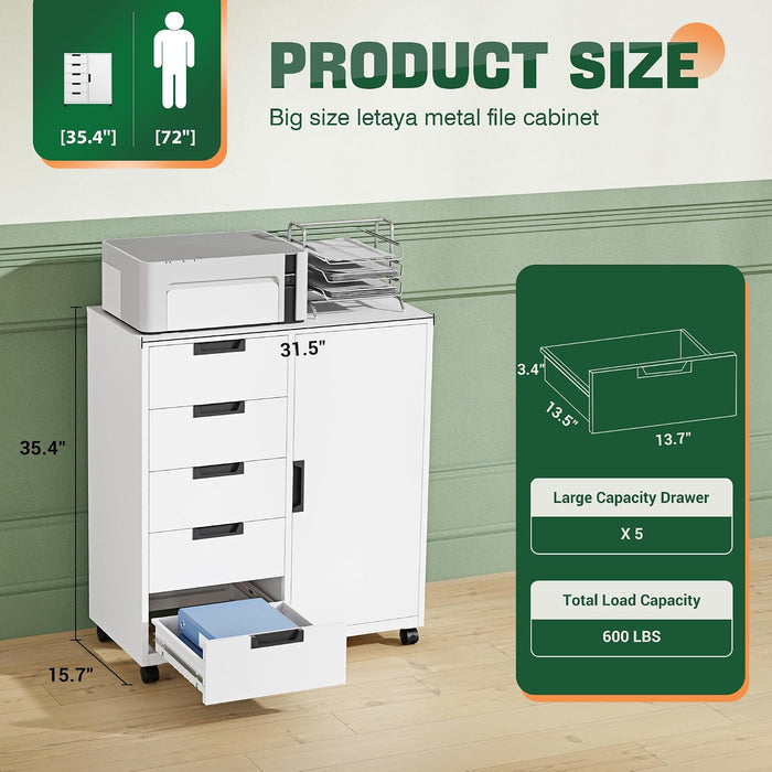 White Five-Drawer Movable Storage Cabinet For Home