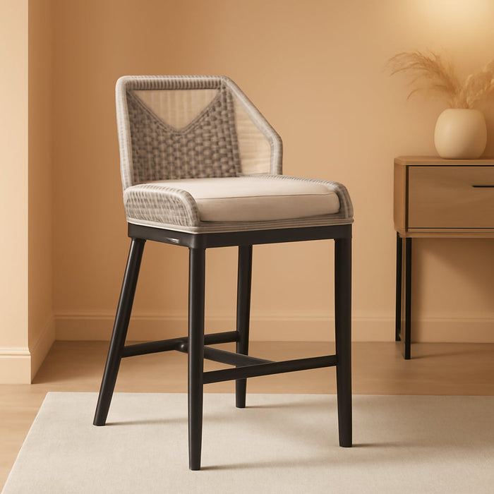 Counter Height Bar Stools Set of 4 Rattan Wicker Outdoor Metal Boho Barstools with Back and Footrest Patio Garden Balcony Pool Bar Chairs