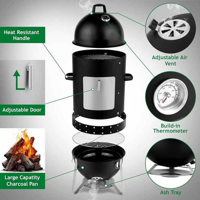 4-Tier 3-In-1 Vertical Charcoal Grill, BBQ Charcoal Smoker with Built-In Thermometer, Air Vent, and Access Doors, Perfect for Camping, Picnics, Backyard Bbqs, and Tailgating Parties