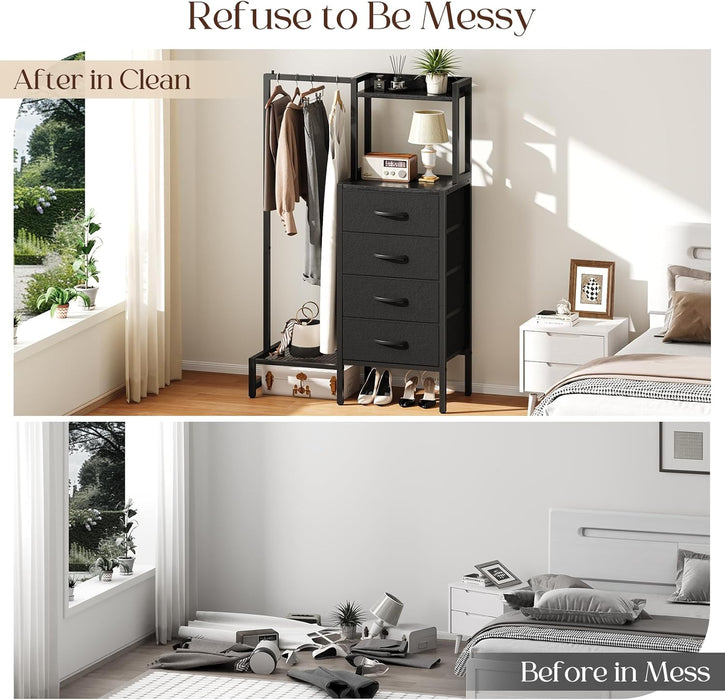 Black Dresser with Hanging Rack - Small Closet with 4 Fabric Storage Drawers, 44" H Dresser with Clothes Rack, Chest of Drawer, Kids Dressers for Bedroom, Entryway, Living Room, Sturdy Frame