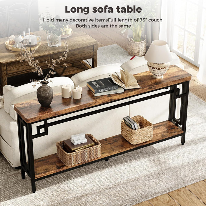 70.9" Long Console Table, 2-Tier Long Narrow Console Table behind Couch for Display with Central Support Frame, Industrial Long Entryway Table for Entryway and Living Room