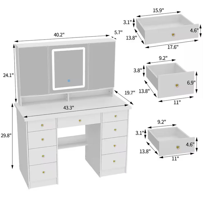 White Modern Makeup Vanity Desk 9 Drawers Wood Dressing Table with 3 Mirrors, Hidden Storage Shelves, LED Lighted