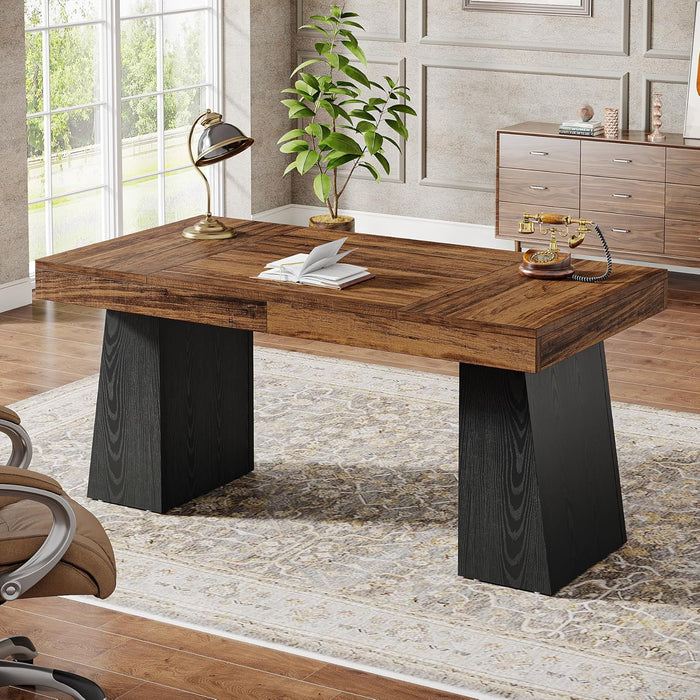 55 Inches Executive Desk, Mid-Century Modern Home Office Desk, Wood Computer Table Business Workstation Small Conference Table, Black & Brown