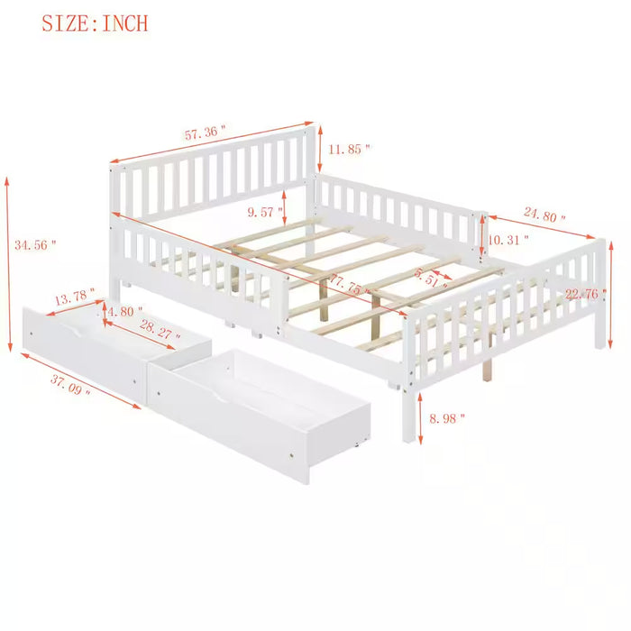 White Wood Frame Full Size Platform Bed with Guardrails on Both Sides and 2-Storage Drawers