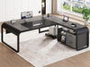 61 Inch Executive Desk, Large Office Desk with File Drawer, L Shaped Desk with Drawers, Computer Desk with Mobile CPU Stand, Storage Shelves, Power Outlets for Home Office, Gray