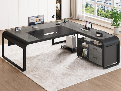 61 Inch Executive Desk, Large Office Desk with File Drawer, L Shaped Desk with Drawers, Computer Desk with Mobile CPU Stand, Storage Shelves, Power Outlets for Home Office, Gray