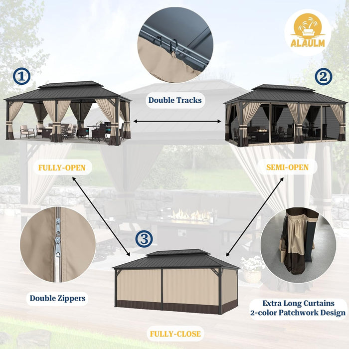 12x20 Ft Hardtop Gazebo With Double Roof NettingCurtains