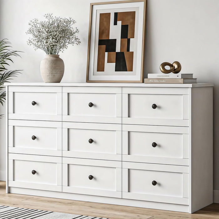 59" Wide White 9 Drawer Dresser for Bedroom with Black Metal Handle