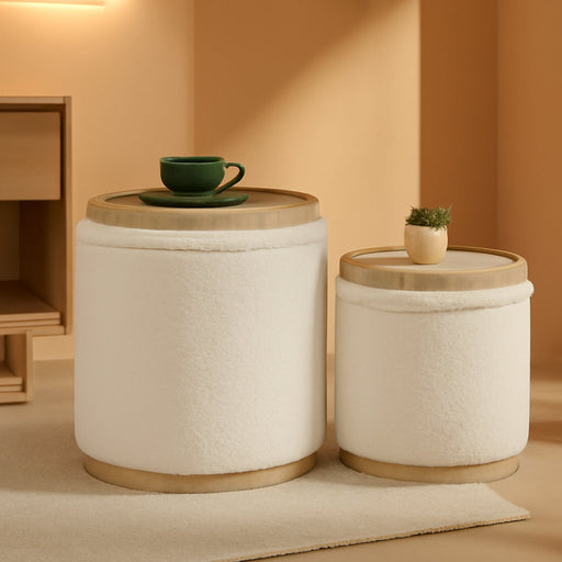 round Ottoman with Storage Set of 2, Vanity Stool with Tray Storage for Bedroom, Small Teddy Velvet Foot Rest Stool Ottoman for Living Room, Dorm (White)