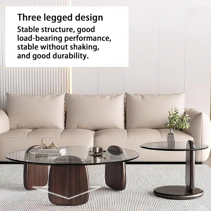 Modern round Coffee Table with Glass Top, 32.68" D X 22.44" W X 15.75" H, Circular Tea Tables for Living Room Home Office Industrial Cocktail Tables (Walunt-Grey Glass/35.43")