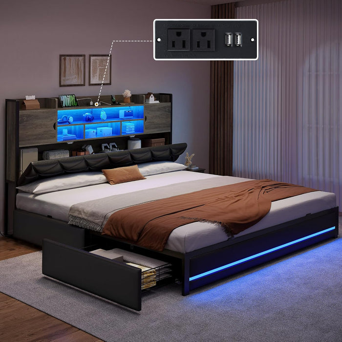 King Size Bed Frame with RGB LED Lights & Storage Bookcase Headboard, Upholstered Bed with Charging Station and 4 Drawers, No Box Spring Needed, Easy Assembly, Noise-Free, PU Leather Black
