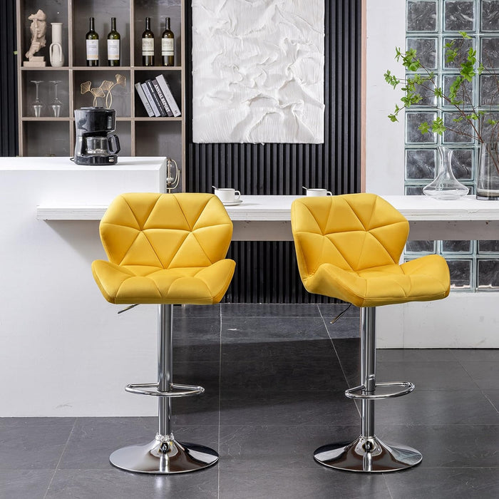 Breni Velvet Diamond Tufted Swivel Adjustable Height Barstools, Set of 2, Yellow