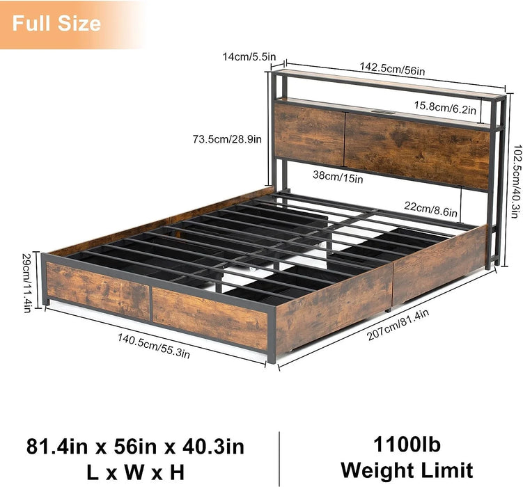 LED Full Bed Frame with Storage Headboard & 4 Drawers, Industrial Metal Platform Bed with Power Charging Station & USB Ports