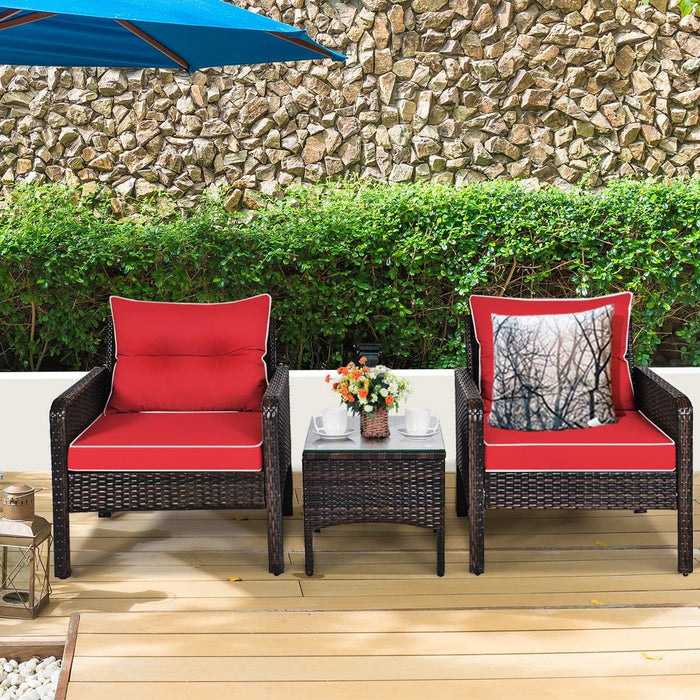 3 Piece Outdoor Patio Furniture Set, Wicker Chairs Set with Glass Top Coffee Table, Thick Cushions, All Weather Garden Lawn Poolside Backyard Porch Furniture Set for 2 (Red)