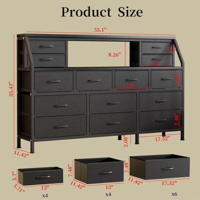 55" W Dresser for Bedroom with 14 Drawers, Chest of Drawers with Open Shelf, Fabric Storage Tower with Metal Frame & Wood Top, TV Stand Organizer for Clothes & Accessories (Black PU)