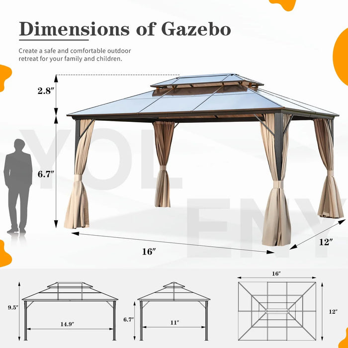 12'X16' Outdoor Polycarbonate Double Roof Hardtop 12 Ft Gazebo Canopy, Brown