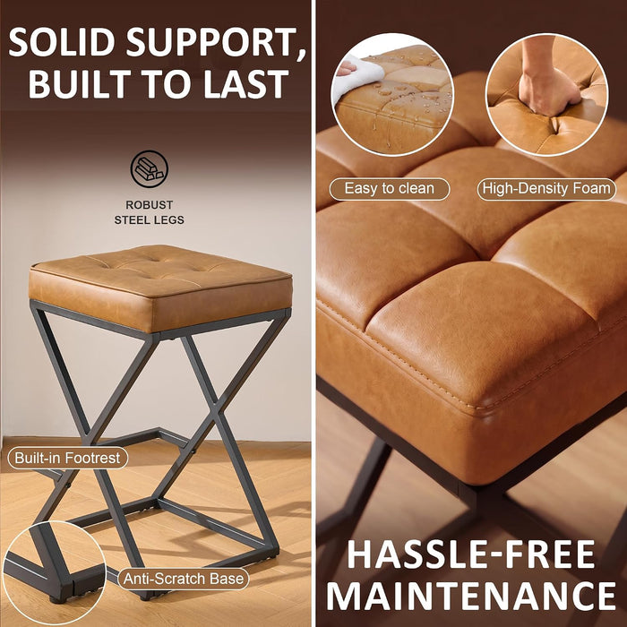 Backless Bar Stools Set of 2, 26 Inch Counter Barstools, PU Brown | Industrial Metal Bar Stools, Backless Faux Leather Seat, X-Frame Footrest,Space-Saving, 26" Counter Height, for Kitchen,Cafe