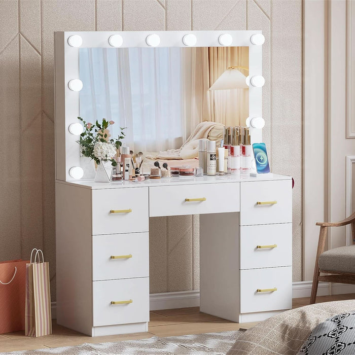 White Makeup Vanity Desk with Lighted Mirror & Power Outlet,3 Color Modes, Brightness Adjustable,Vanity Table with Drawer,Sliding 2 Storage Wall-Mounted Jewelry,4 Shelves for Bedroom