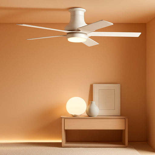 52" Ceiling Fan with Lights, White Flush Mount Ceiling Fans, 5 Blades Low Profile Ceiling Fans, 6 Speeds DC Reversible, Dimmable, Modern Ceiling Fans for Bedroom, Living Room and Garage (White)