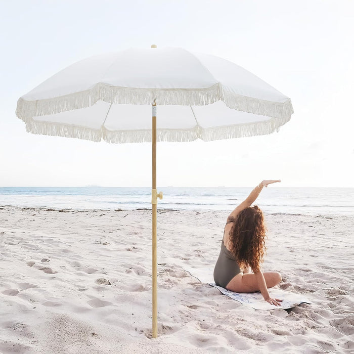 6.5FT Boho Patio Umberlla with Fringe,Upf50+ Outdoor Umbrella with Fiberglass Ribs and Push Button Tilt,Tassels Umbrella for Beach,Terrace,Picnic