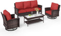 4-Piece Patio Furniture Set, Oversized Outdoor Wicker Sofa with Swivel Chairs and Coffee Table, Sectional Rattan Outdoor Conversation Set for Poolside Backyard Deck, Red