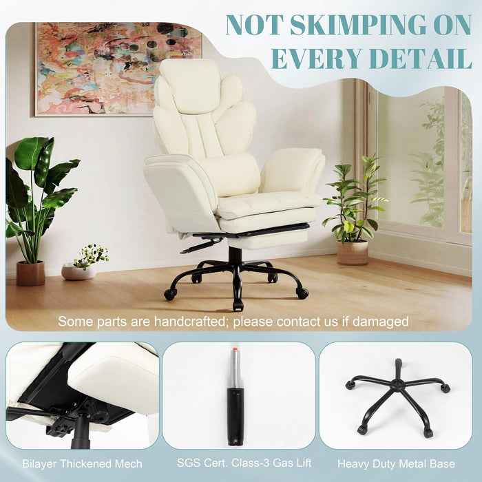 Flip Armrests Criss Cross Office Chair, Reclining Office Chair with Foot Rest, Adjustable Headrest, Massage Waist Pillow, Cross Legged Big and Tall Desk Chair Wide Seat Vanity Chair, White PU Leather