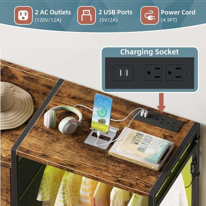 Dresser with Hanging Rack, 8-Drawer Dresser for Bedroom with Charging Station & LED Lights, Fabric Dressers with Shoe Rack, Rustic Brown, 11.8" D X 42" W X 42.7" H (8 Drawers)
