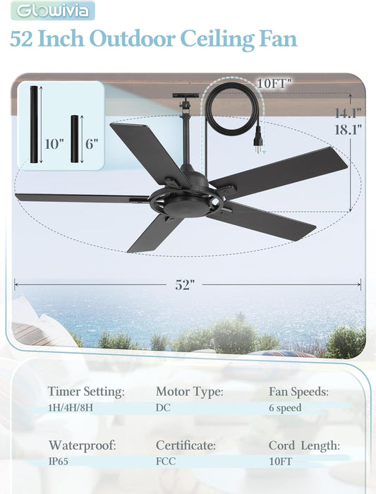 52 Inch Outdoor Ceiling Fan without Light, Waterproof IP65 Wet-Rated, Plug-In Black Ceiling Fan No Light, Remote Control with 6-Speed DC Motor, Hanging Fans with Cord for Patio Porch Gazebo