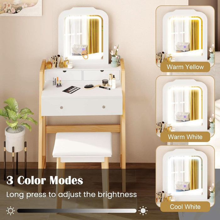 Small Vanity Desk with Mirror and Lights, White Makeup Vanity Desk with 3 Drawers, Adjustable Heights, 3 Color Lighting Modes, Compact Bedroom Dressing Table with Stool for Small Space