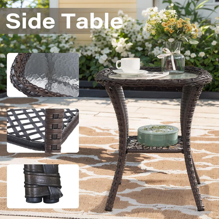 5 Piece Outdoor Patio Furniture Set with 50000 BTU Propane Fire Pit Table, Deep Seating Wicker Swivel Rocker Chairs and Loveseat Glider Patio Conversation Set for Deck Poolside Backyard Blue