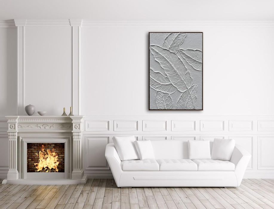 White Textured Wall Art, Hand Painted Canvas Abstract Wall Art Framed, 3D Minimalist White Leaf Plant Painting 24"X36"