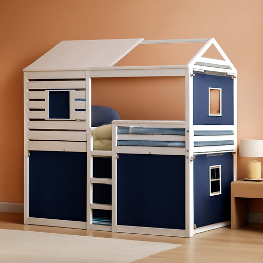 Twin Size BlueAndWhite Reinforced Pinewood Bunk Bed