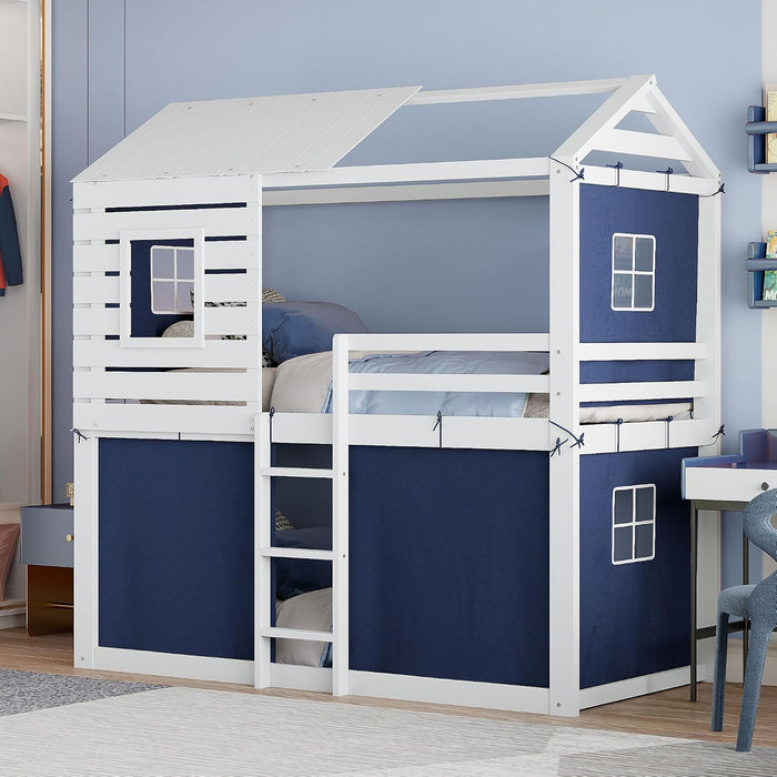 Twin Size BlueAndWhite Reinforced Pinewood Bunk Bed
