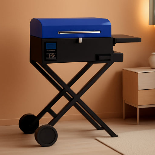 BBQ Wood Pellet Grill Smoker with Foldable Cart, Meat Probe, 2 Tiers Cooking Area, Portable Smoking Grilling Stove for Outdoor Patio Cooking, RV Camping Tailgating, Blue GS342