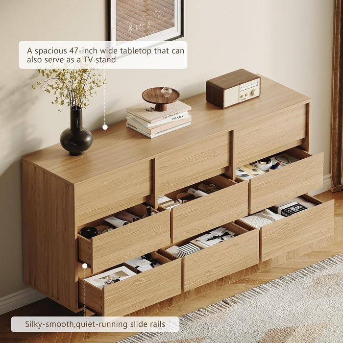 Oak Dresser for Bedroom, 59In Modern 9 Drawer Chest of Drawers