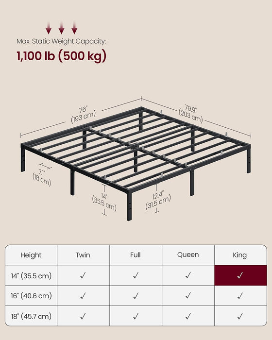 King Metal Bed Frame, 14 Inches Tall, 1100 Lb Weight Capacity