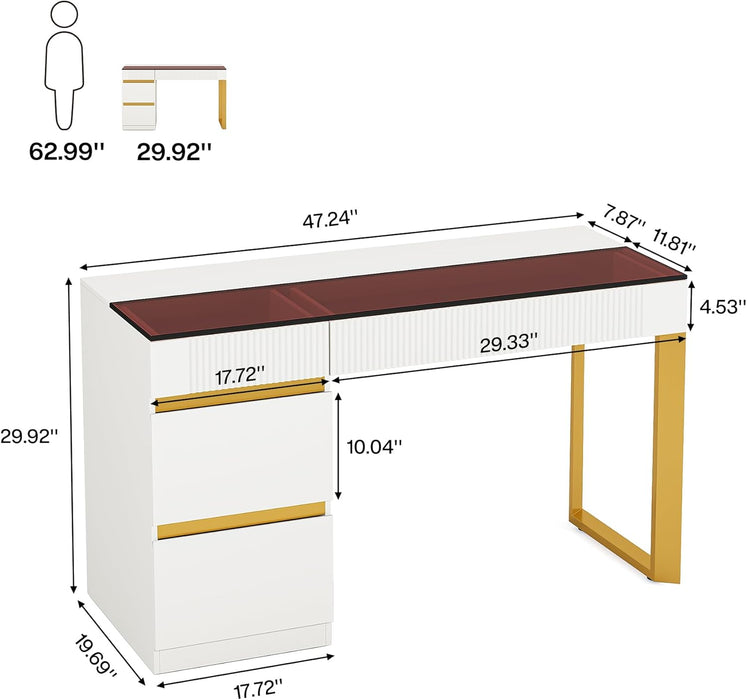Computer Desk with 4 Drawers, 47 Inch Modern Home Office Desk with Glass Top, White and Gold Writing Workstation Desk with Storage, Makeup Vanity Table for Living Room, Bedroom