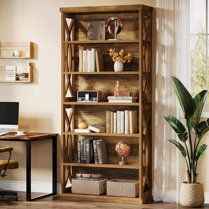 Rustic Brown Six Tier Freestanding Bookshelf Office