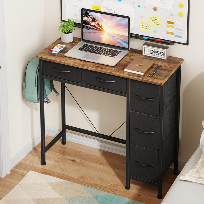 Small Desk with 5 Fabric Drawers, 33 Inch Writing Desk for Home Office, Simple PC Desks for Small Place, Kids Girls Teen Study Table Vanity for Bedroom, Dorm, Rustic Brown, 14" D