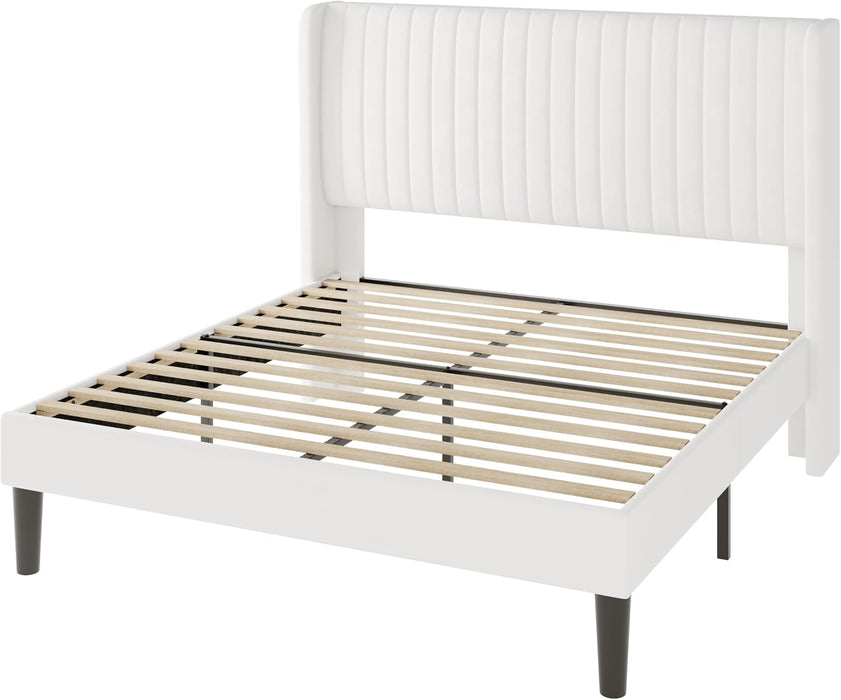 Queen Size Velvet Bed Frame/Vertical Channel Tufted Wingback Headboard/Upholstered Platform Bed/Strong Wooden Slats/No Box Spring Needed/Easy Assembly/White