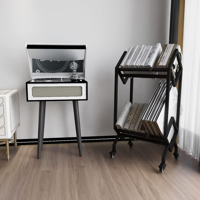Bookshelf Book Rack Industrial Metal Bookcase 2 Tier Holder with Wheels Modern Stylish Design Magazines Files Album Recipe Book Storage Organizer for Sofa End Bed Beside