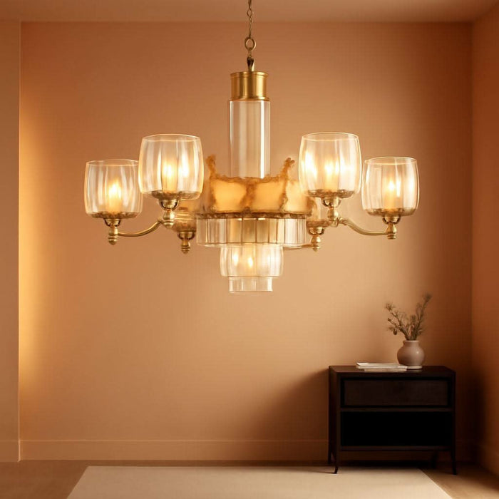 7-Light Modern Large Crystal Chandelier Gold Adjustable Hanging Pendant Light Vintage Farmhouse Ceiling Light Fixture for Living Room Dining Room Bedroom Foyer Entryway Staircase