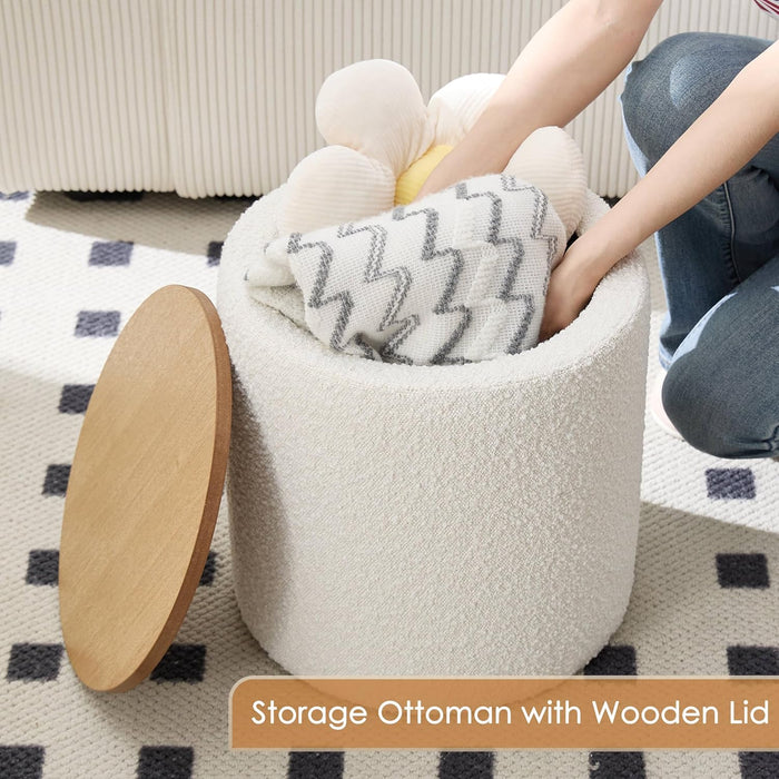 Modern round Ottoman with Storage, 16 Inch Dorm Boucle Ottoman Small Coffee Table, Multi-Functional Wood Foot Rest Stool, Extra Seating Chair for Dorm, Living Room Couch, Bedroom, Off-White