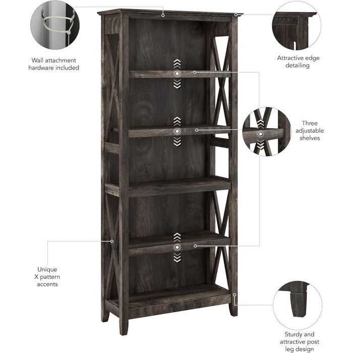 Bush Furniture Tall 5 Shelf Bookcase for Living Room or Home Office, Large Bookshelf, Modern Farmhouse Style, Key West Collection, Dark Gray Hickory