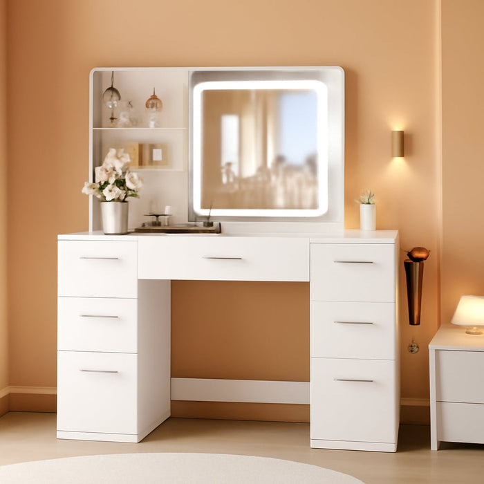 Large Makeup Vanity Desk, 43.3”W X 15.7“D X 53.2”H, White (Large Desktop, Samrt LED Mirror, 4 Open Shelves, 7 Drawers, Hairdryer Rack, Power-Outlet, No Cushion Stool Included)