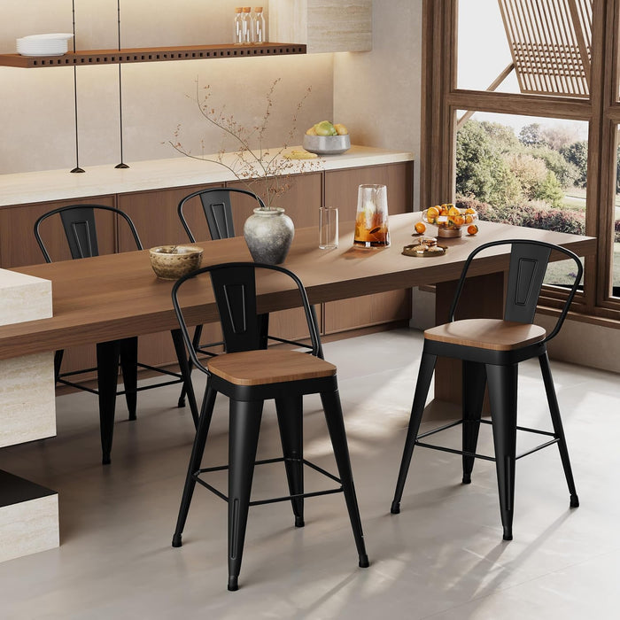 Metal Bar Stools Set of 4,24 Inch Barstools Counter Height Barstools with Backs Farmhouse Bar Stools with Larger Seat High Back Kitchen Dining Chairs Modern Bar Chairs Matte Black Stool