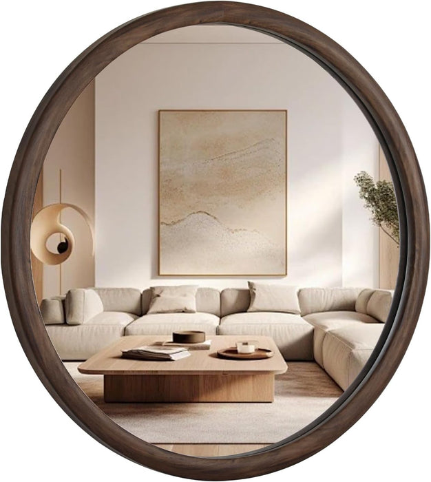 24 Inch round Mirror, Walnut Wood-Grain Foil Finish Circle Mirror for Bathroom, Entryway, Living Room, Bedroom and Vanity Decor